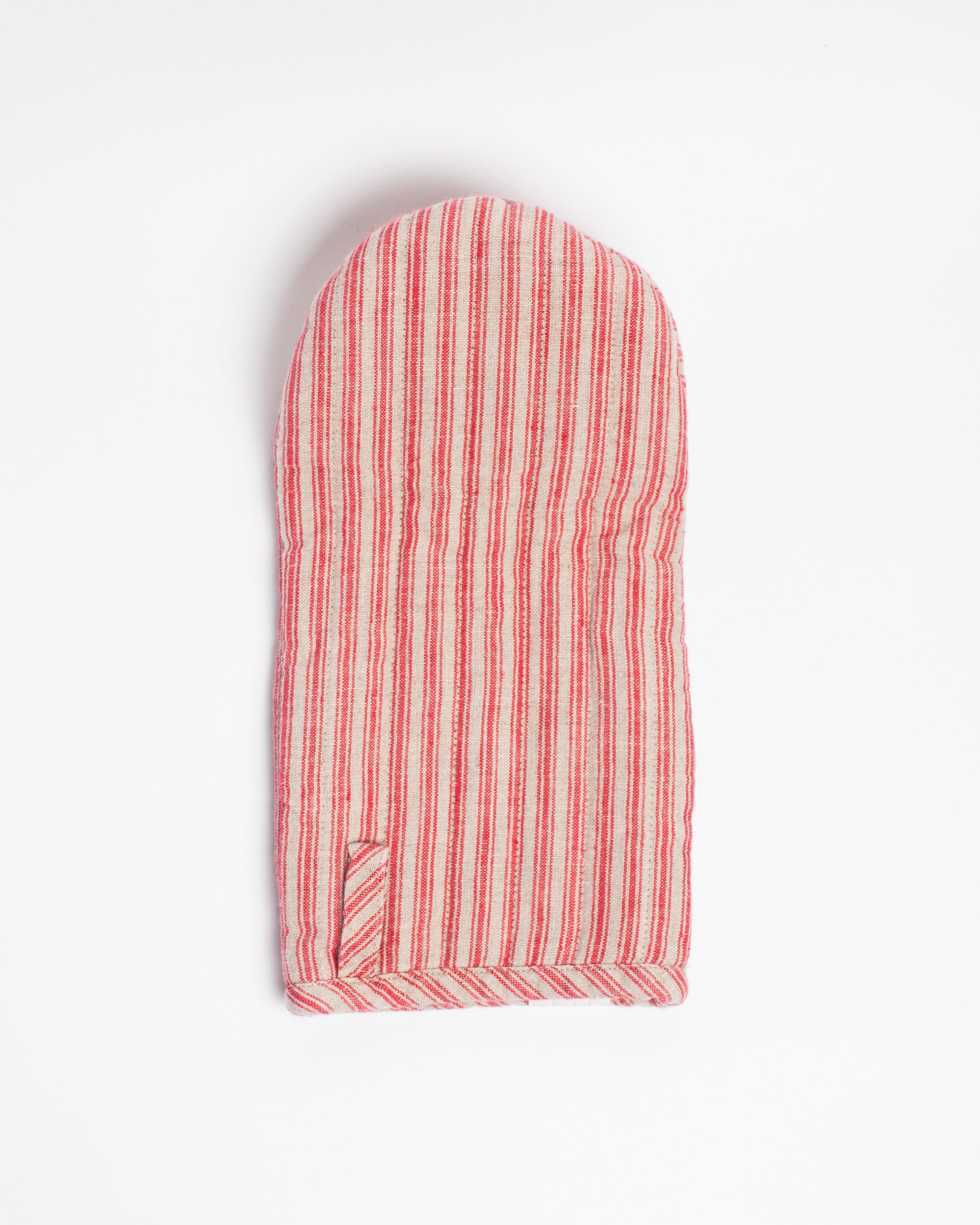 Red Stripes Linen Oven Mitt - Thumbnail 2
