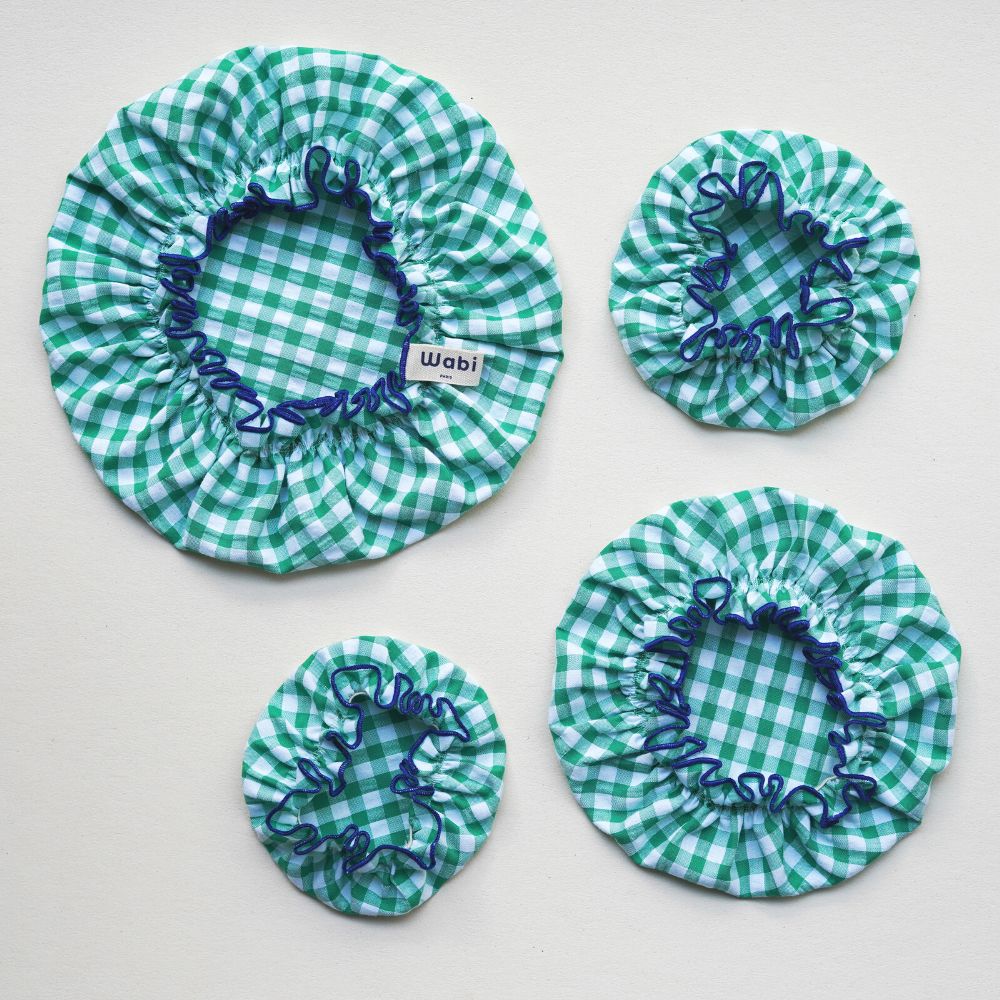 Green Gingham Blue Trim Bowl Covers